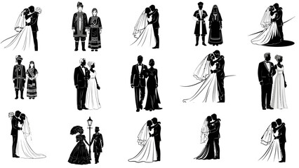 Collection of Wedding Couple Silhouettes: Diverse Bride and Groom, Kissing, Embracing, Traditional and Modern Attire, Marriage Celebration Vector Set