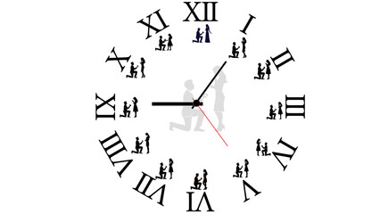 Vintage Proposal Clock Design: Roman Numerals with Kneeling Couple Silhouettes, Love Timeline, Romantic Milestone, Marriage Commitment Vector