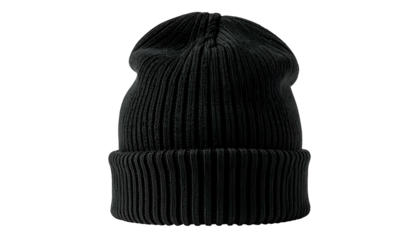 A vertically ribbed, dark-colored beanie hat isolated against a black background