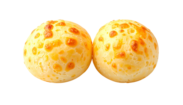 Two golden, spherical baked cheese bread rolls, each with brown spotted tops, against black