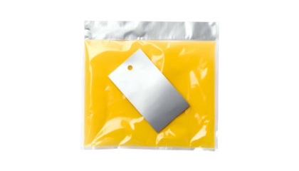 Square, transparent pouch filled with yellow substance, sealed with silver and tag