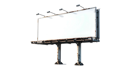 Aged, weathered billboard with empty white surface, set against a pure black background