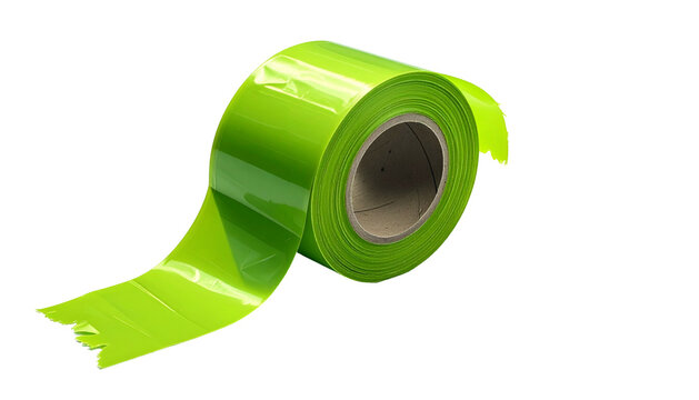 A bright green roll of shiny tape with a detached section extending out