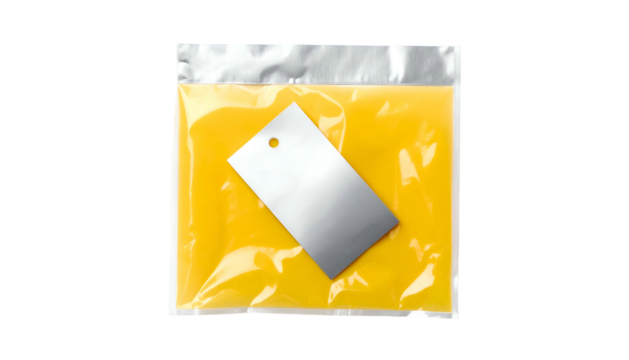 Square, transparent pouch filled with yellow substance, sealed with silver and tag