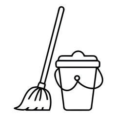 Essential Floor Cleaning Tools Mop and Water Bucket Vector Outline Illustration
