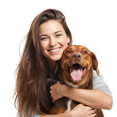 Joyful young woman embraces her happy brown dog against a black background