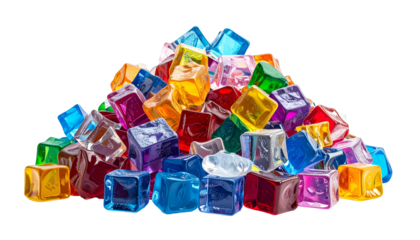 A pile of vibrant, translucent cubes in a rainbow of colors, isolated on black