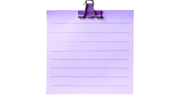 A lavender-colored, lined notepad, held by a silver paperclip, with a clean look