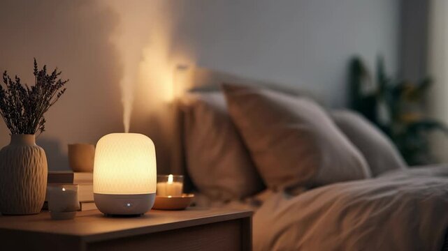 Generative AI. Cozy bedroom scene featuring a stylish aroma diffuser emitting mist, surrounded by candles and decorative plants, creating a tranquil and inviting atmosphere for relaxation