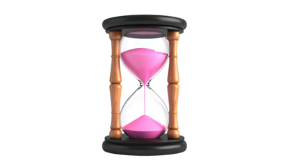 A classic hourglass, pink sand flows through the center. Black base, wooden frames