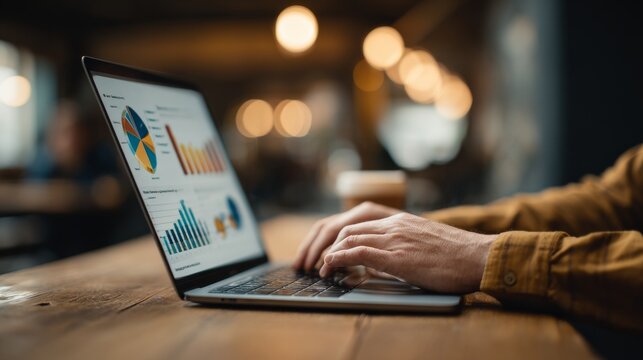 A person types on a laptop displaying charts and graphs in a cozy cafe setting with warm lighting.