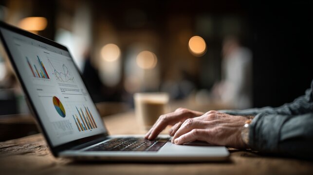 A person analyzes data on a laptop, showcasing graphs and charts, with a coffee cup nearby, in a cozy, blurred background environment. - Powered by Adobe