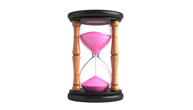 A classic hourglass, pink sand flows through the center. Black base, wooden frames