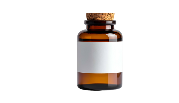 Amber glass bottle with a white label and cork stopper against a black background