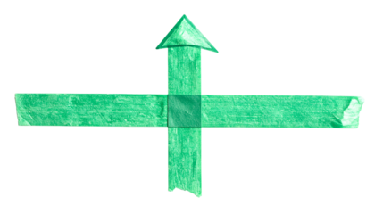Green, hand-drawn arrow with perpendicular arms, center square, isolated on black