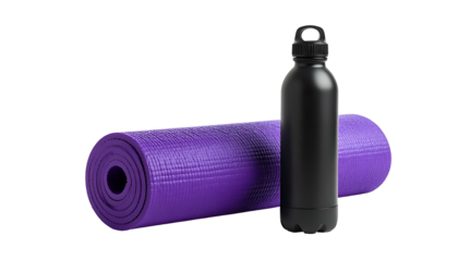 A rolled purple yoga mat and black water bottle are set against a stark black background
