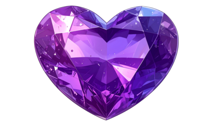 A faceted, heart-shaped gem in shades of purple, radiating light against a black background