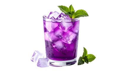 A vibrant purple drink in a glass with ice cubes and mint garnish, isolated on black