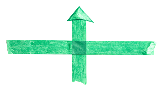 Green, hand-drawn arrow with perpendicular arms, center square, isolated on black