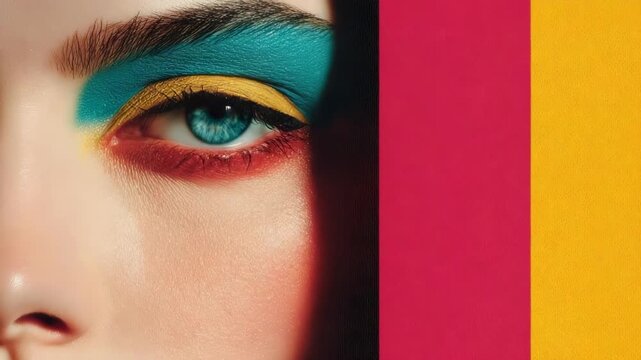 Generative AI. Close-up of a woman's eye showcasing vibrant makeup with bold colors, featuring blue iris, dramatic eyelashes, and artistic color blocks in the background, emphasizing beauty creativity