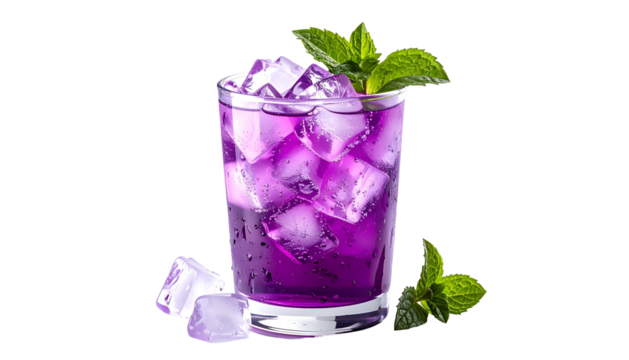 A vibrant purple drink in a glass with ice cubes and mint garnish, isolated on black