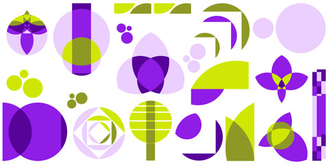 Abstract Geometric floral shapes, a collection of floral in geometric shapes with green and purple tones