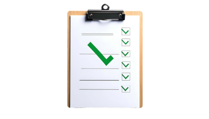 A clipboard with a checklist, some items marked as complete with green check marks