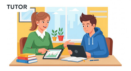 Young student learning with tutor boy and girl studying together, using tablet and book home education, online lesson, knowledge concept