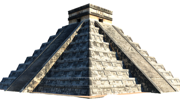 Ancient Mesoamerican pyramid, symmetrical with stairways on each side, bathed in sunlight