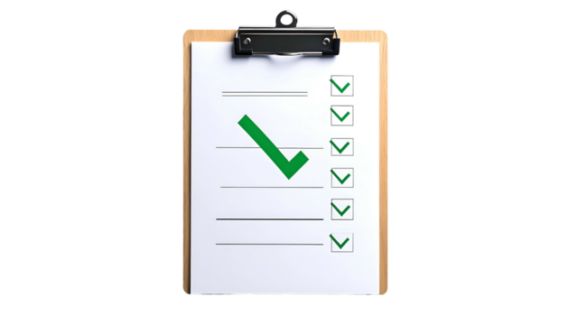 A clipboard with a checklist, some items marked as complete with green check marks