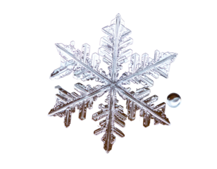 Macro shot of a delicate, crystalline snowflake against a stark black background