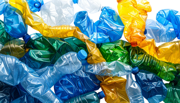 Crushed plastic bottles in various colors, tightly packed, illustrating recycling