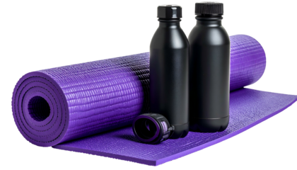 Fitness scene, purple yoga mat with two black bottles, and bottle cap against black backdrop