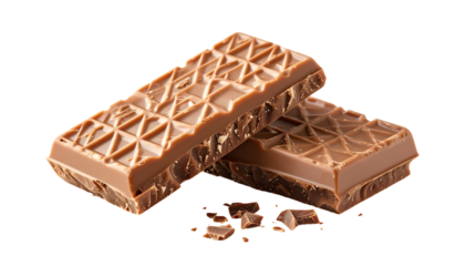 Two rectangular chocolate bars with patterned tops, broken pieces, isolated on black