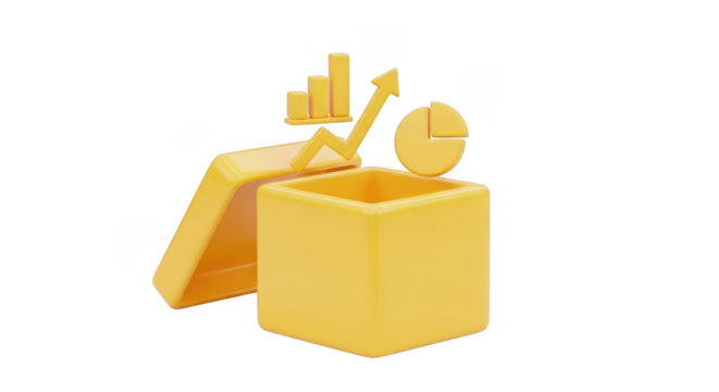 Golden business growth and financial data emerge from an open box