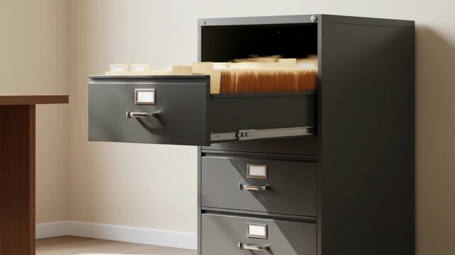Open filing cabinet drawer filled with manila folders beside a wooden desk