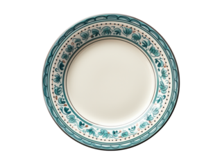 Isolated white ceramic plate with teal floral border design on black background overhead view, Isolated On Transparent Background