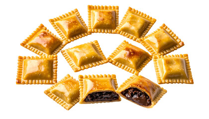 A close-up shot of a circular arrangement of golden, square pastries with a dark filling