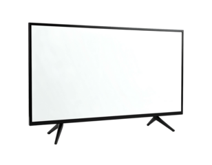 Angled shot of a modern, thin-framed television with a bright white screen