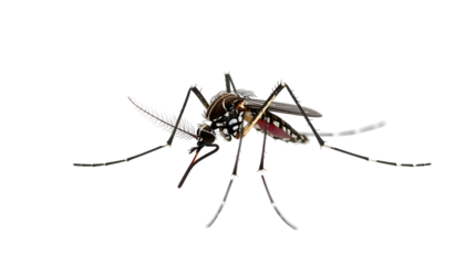 Realistic close-up of a mosquito, showing intricate details, against a black background