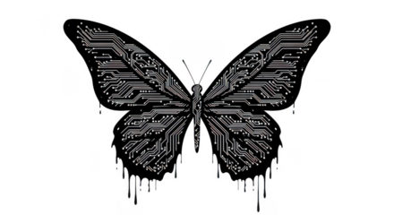 Abstract glitch art butterfly silhouette on a dark background