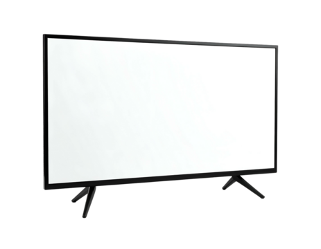 Angled shot of a modern, thin-framed television with a bright white screen