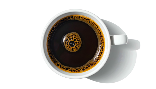 Overhead shot of a white mug filled with dark coffee, resting on a saucer, against a black backdrop