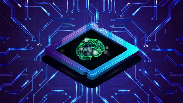4K close-up of an electronic chip with glowing signals on a circuit board symbolizing artificial intelligence, neural networks, and machine learning technology.