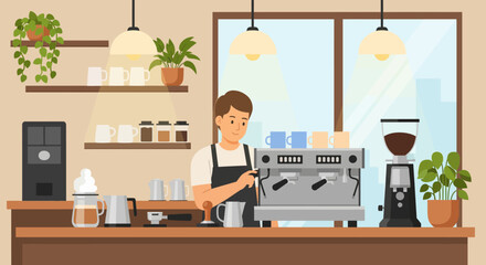 Illustrated character of a professional barista at work in various scenes from a modern coffee shop, capturing the vibrant cafe culture and atmosphere