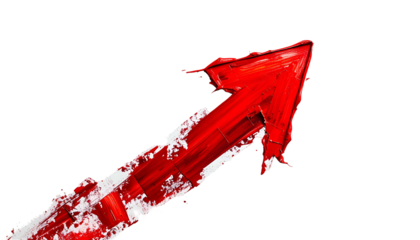 A vibrant red upward-pointing arrow with a textured, brushstroke appearance on a black background