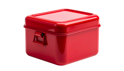 A shiny, red, square metal container with a lid and a handle, isolated on black