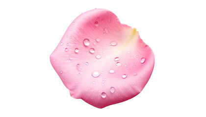 A close-up of a single, pink rose petal with water droplets, set against a black backdrop