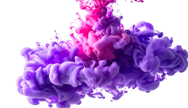 Colorful ink plume in mid-air, blending purple and pink with wispy, smoke-like forms
