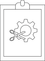 A clipboard displays a gear being cut by scissors